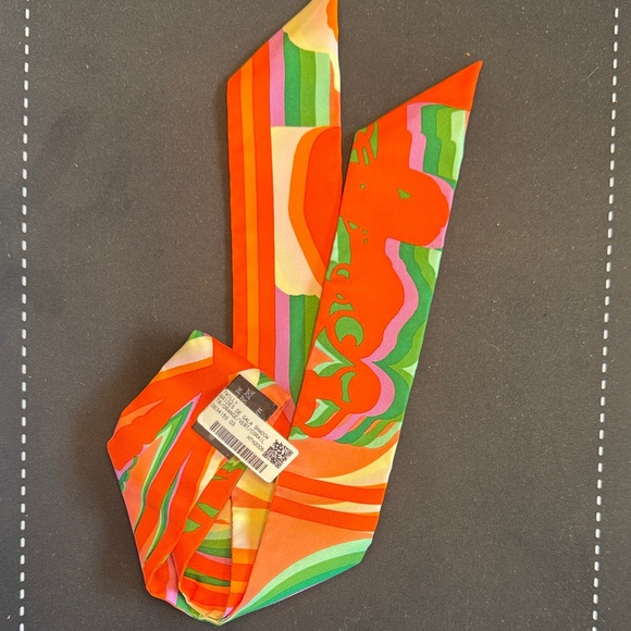 Hermes Multicolor Silk Twilly Scarf with Orange Case - Picture 3 of 8